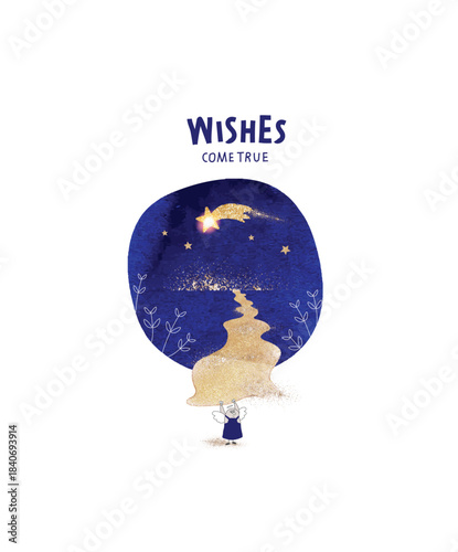 Vector hand drawn cartoon sketch of Angel who holds a shooting star as a sign of support and faith in your strength and success.Dreams come true. Angels advise making the sword a target.