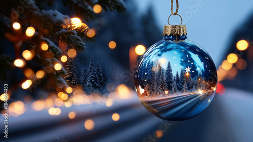 Blue Christmas bauble, reflects snowy forest, road street lights, twinkle soft bokeh, background festive winter, scene holiday travel, home spirit display, defocused lights glow, w