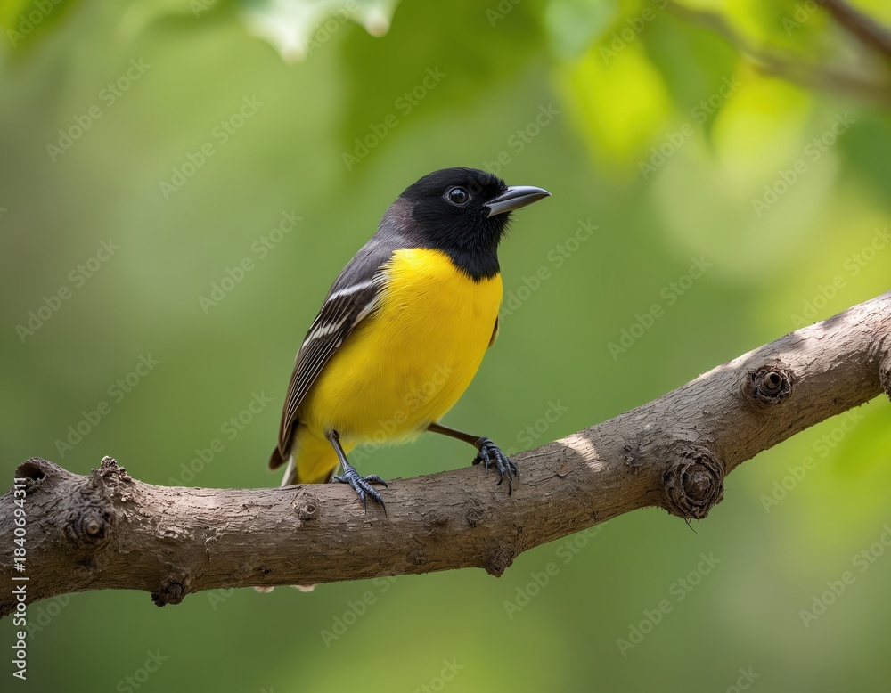 Fototapeta premium Male common yellowthroat warbler sits on tree branch. Small songbird with black throat patch and yellow belly in natural woodland habitat during daylight.