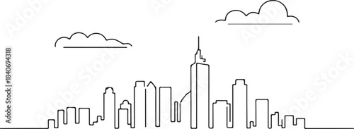 Minimalist continuous line art illustration of a modern urban city skyline with diverse buildings and abstract cloud elements