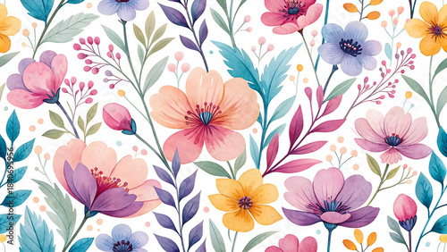 Watercolor floral pattern with vibrant spring blooms and delicate green foliage on white background