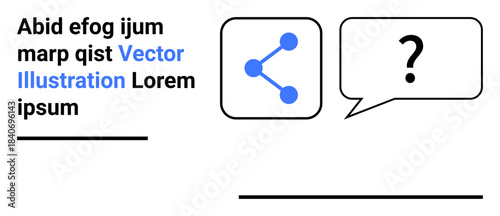 Communication, social interaction, information sharing, connection, digital media, messaging. Speech bubble with a question mark and a share icon connected by lines. Communication and social