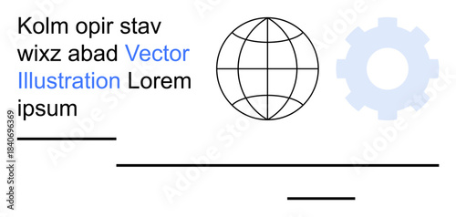 Technology, global communication, education, industry, media design, conceptual graphics. Globe and gear with text and minimalist lines. Technology and global communication highlighted