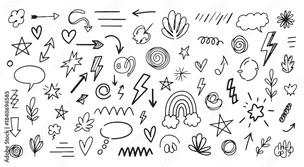 Obraz premium Hand drawn doodle elements collection featuring arrows stars hearts and abstract shapes