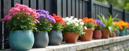 Wallpaper Mural Colorful potted flowers line a black fence on a stone ledge. Various blooms create vibrant garden decor. Containers hold plants with green leaves and colorful petals. Floral displays add charm. Torontodigital.ca