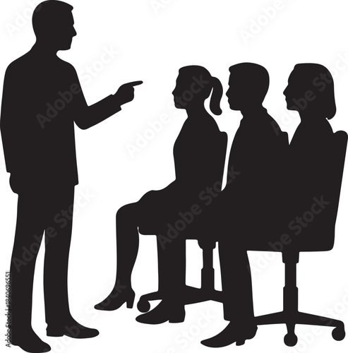 Silhouette of a speaker addressing an audience isolated on white background