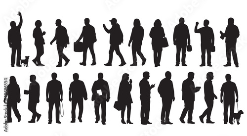 Diverse group of people silhouettes walking in a city street scene