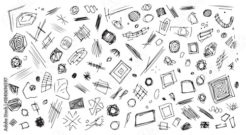 Intricate black and white doodle pattern with abstract shapes and lines