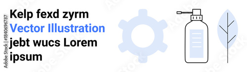 Technology innovation, eco-friendly solutions, product design, branding, minimalism, education. Gear with spray bottle and leaf. Technology innovation and eco-friendly solutions concept