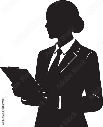 Silhouette of a person in a business suit holding a clipboard with a serious and focused expression on a transparent background on transparent background