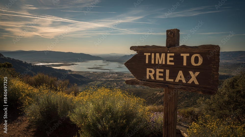 Obraz premium Scenic Vacation Landscape with Relaxation Sign and Expansive Valley View