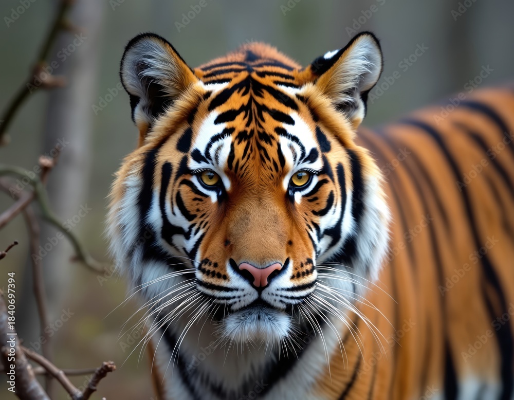 Naklejka premium Majestic Siberian tiger face close up portrait in forest. Large powerful striped predator looks forward. Wild cat, big feline, carnivore in natural habitat. Dangerous beast, rare animal. Tiger fur.