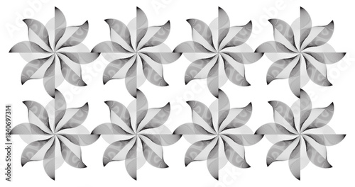 An arrangement of eight symmetrical star like floral designs in grayscale