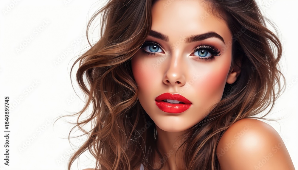 Fototapeta premium Close up illustration of young woman with wavy brown hair, bright blue eyes, full red lips, dramatic eye makeup. Makeup bold, styled for fashion editorial beauty advertisement. Rosy cheeks, perfect