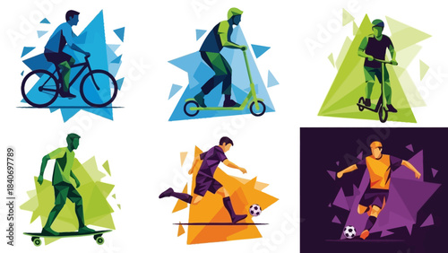 Polygonal illustrations showcasing various sports and active lifestyle activities