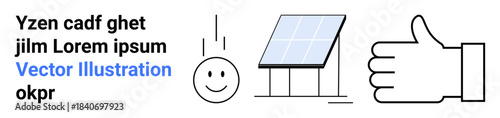Renewable energy, eco-friendly living, sustainability, environmental care, solar technology, clean energy. A solar panel, smiling face and thumbs-up icon. Renewable energy and eco-friendly living