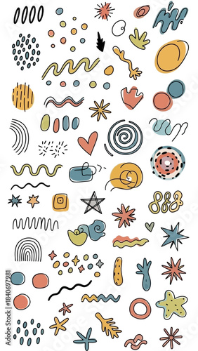 Playful doodle element compilation with cheerful colors and abstract forms