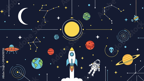 Playful cosmic cartoon pattern featuring rockets planets and constellations