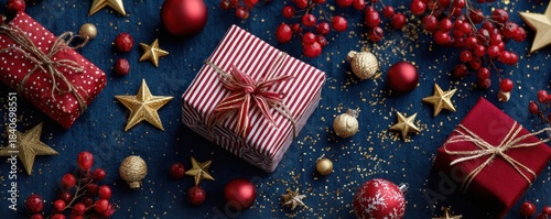 Christmas banner presents with red and gold decorations on dark blue festive background