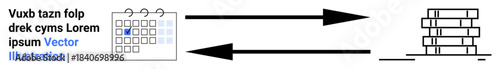 Data management, workflow planning, database integration, digital process, scheduling, efficiency. Calendar connecting to a stacked database through arrows. Data management and workflow planning