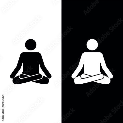 Black and white stick figures meditating in lotus pose side by side on contrasting backgrounds also transparent background