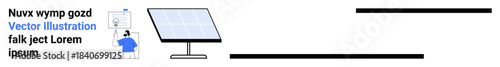 Renewable energy, sustainable power, solar energy, green technology, environmental solutions, clean energy. A solar panel setup with an engineer working. Renewable energy and sustainable power