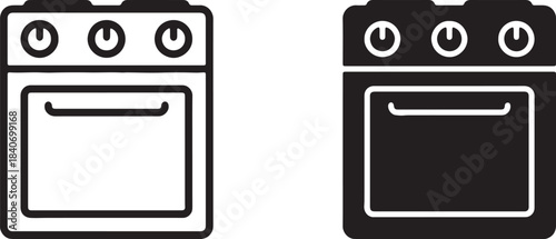 Two simplified line and solid black of a kitchen oven with three circular knobs and an oven door also transparent background