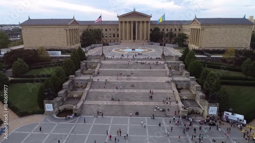 Philadelphia Museum of Art and Rocky Steps. Pennsylvania. People Dancing in Foreground. Drone