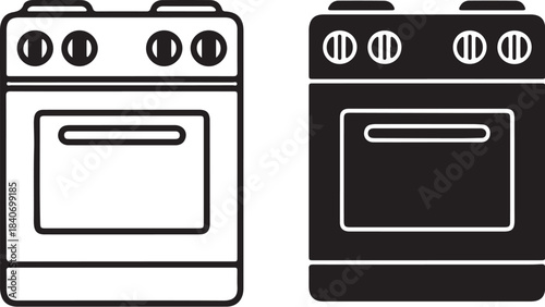 Two stylized kitchen stoves one outlined in black and white and one solid black with white outlines also transparent background