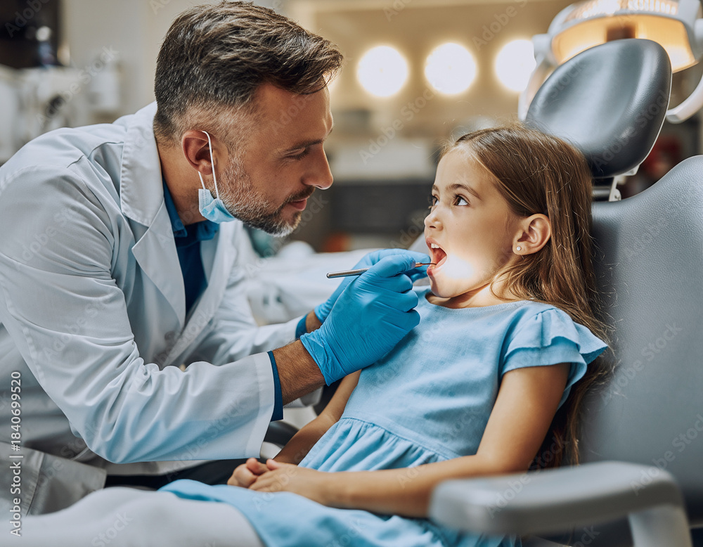 Fototapeta premium A child during a dental visit. The girl sits in the dental chair with her mouth open while the dentist checks her teeth.