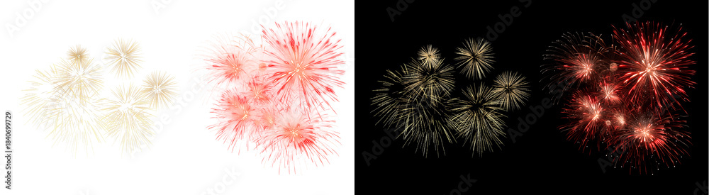 Obraz premium PNG image of&nbsp;Collection of vibrant gold and deep red fireworks bursts illuminating a stark black night sky for celebration and festive events on transparent background
