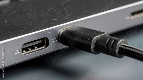 Laptop charger port close-up.