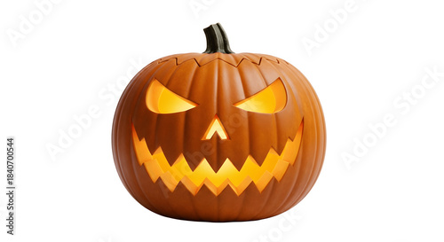 Illuminated JackoLantern with Spooky Carved Face on White Background.