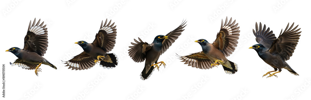 Obraz premium Set Of Flying Common myna Bird isolated on transparent background (Acridotheres tristis) PNG 
