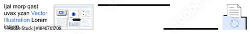 Data sharing, file transfer, cloud computing, digital storage, information systems, productivity tools. Dashboard and document icon linked by a line. Data sharing and file transfer concept