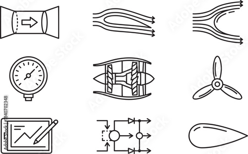Aerodynamics and engineering icons. aircraft design and propulsion systems