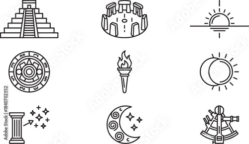 Ancient civilizations and astronomical symbols line icons for historical and mystic projects