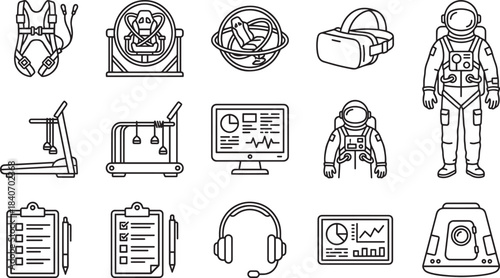 Astronaut training and space exploration equipment thin line icons set collection vector illustration
