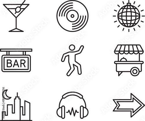 Music and entertainment outline icons set cocktail record disco ball dancer food cart vector