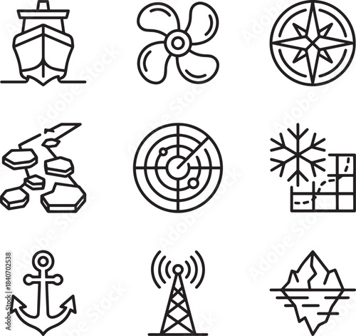 Marine navigation and ice icons set ship propeller compass radar vector illustration