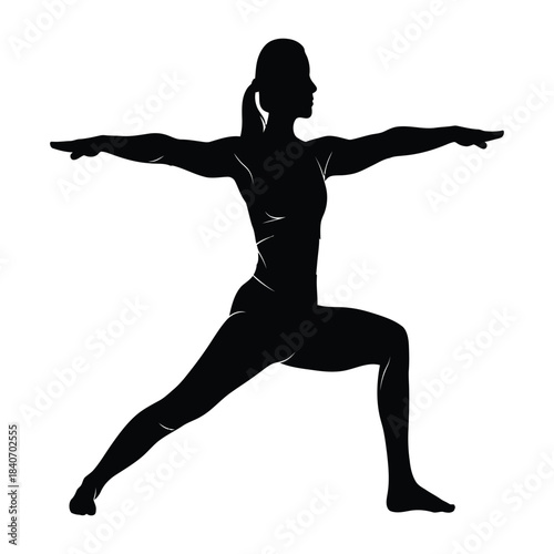 Woman in warrior ii yoga pose silhouette, fitness and wellbeing
