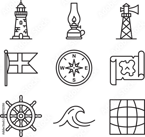 Nautical exploration symbols: lighthouse, lantern, flag, compass, map, steering wheel, wave, grid