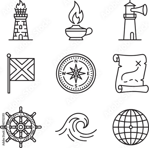 Nautical navigation symbols collection: lighthouse, oil lamp, flag, compass, map, helm, wave, globe
