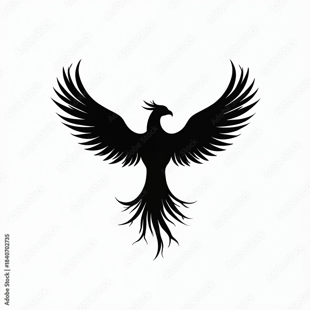 Fototapeta premium Black silhouette of mythical phoenix bird spreads wings against white background. Symbol of rebirth, strength, fire, fantasy, legend, myth, magic. Icon for identity, power, legend. Visual graphic.