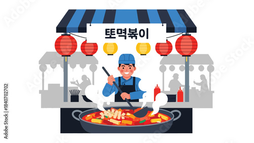 Korean tteokbokki street stall with vendor cooking spicy rice cakes. Modern flat vector for Asian food, markets, and global street culinary themes