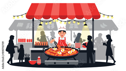 Korean tteokbokki street stall with vendor cooking spicy rice cakes. Modern flat vector for Asian food, markets, and global street culinary themes