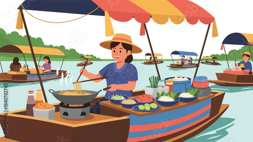 Thai street vendor preparing pad thai at floating market. Flat modern illustration for Asian cuisine, travel culture, and food marketplace concepts