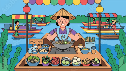 Thai street vendor preparing pad thai at floating market. Flat modern illustration for Asian cuisine, travel culture, and food marketplace concepts