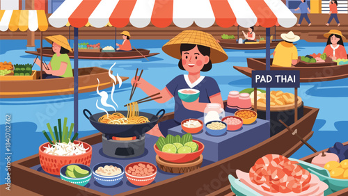 Thai street vendor preparing pad thai at floating market. Flat modern illustration for Asian cuisine, travel culture, and food marketplace concepts