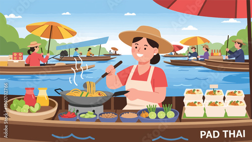 Thai street vendor preparing pad thai at floating market. Flat modern illustration for Asian cuisine, travel culture, and food marketplace concepts
